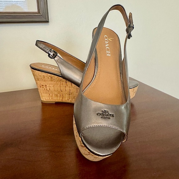 Coach Cork Heel Sling Back Patent Leather Sandal - Picture 1 of 11